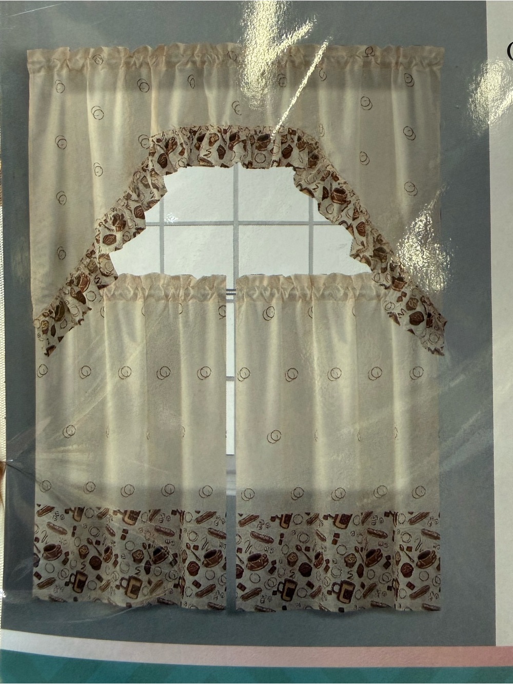 NWT Cream and Brown Coffee-Print Kitchen Window Curtain Set